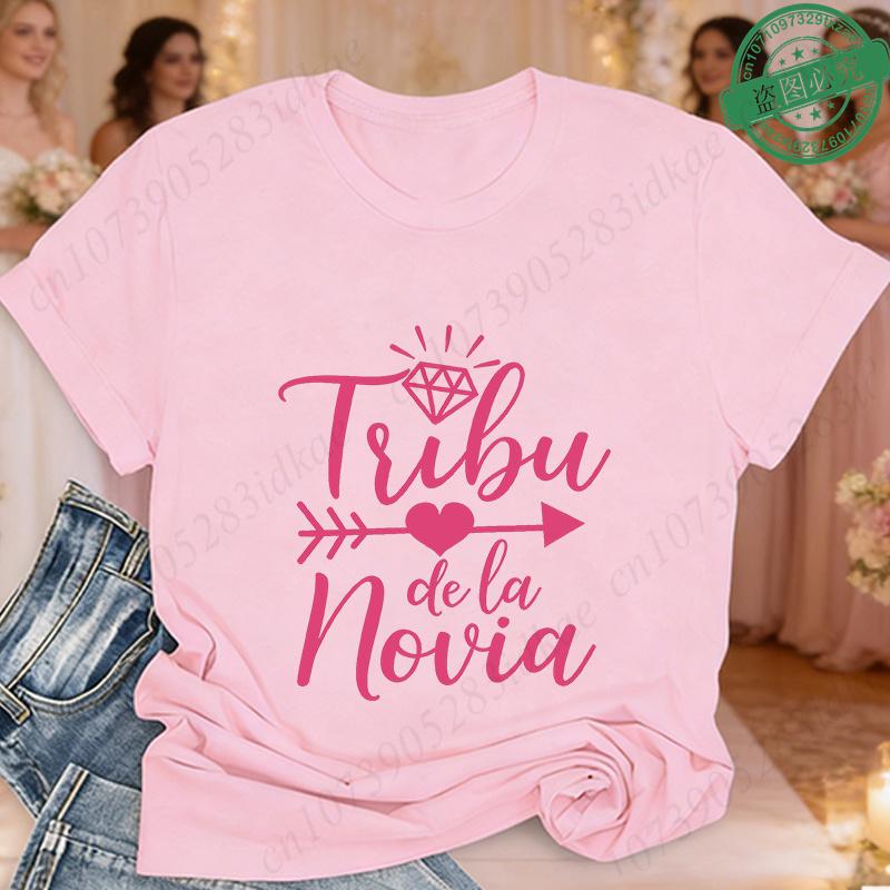 Tribu De La Novia Spanish Single Farewell Bachelorette Party T-shirts Short Sleeve O Neck Tops with Diamond Heart Arrow Graphic