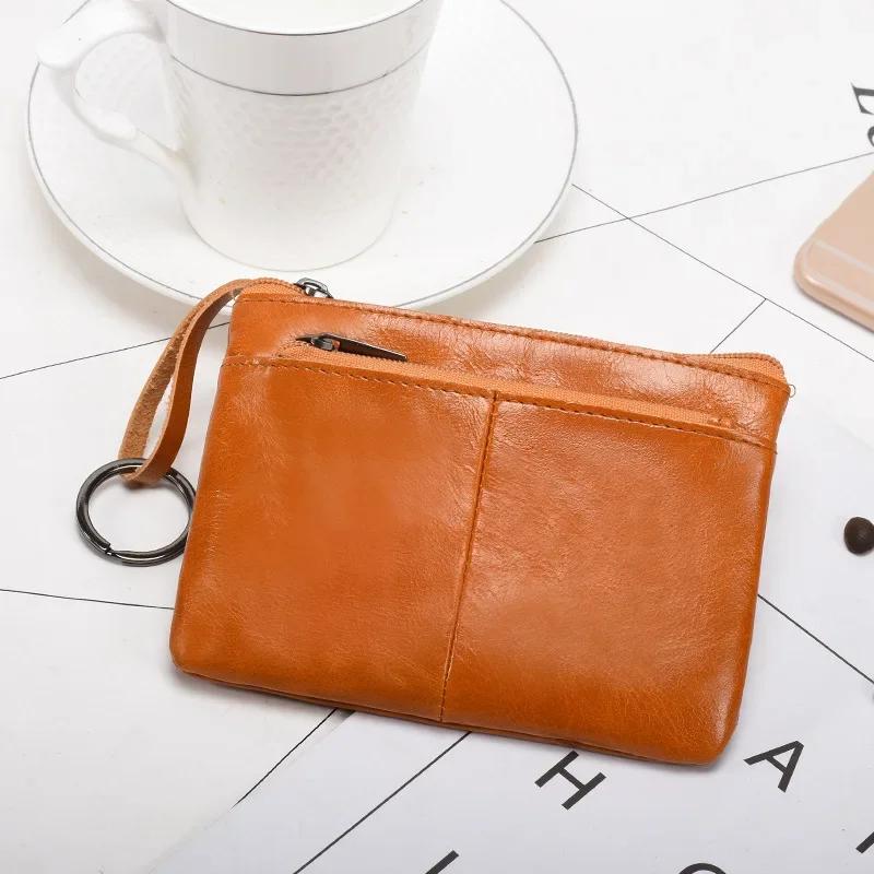 Vintage Genuine Leather Coin Purse Card Holder Mini Bag Retro Solid Color Zipper Clutch Wallet Key Holder for Men Women