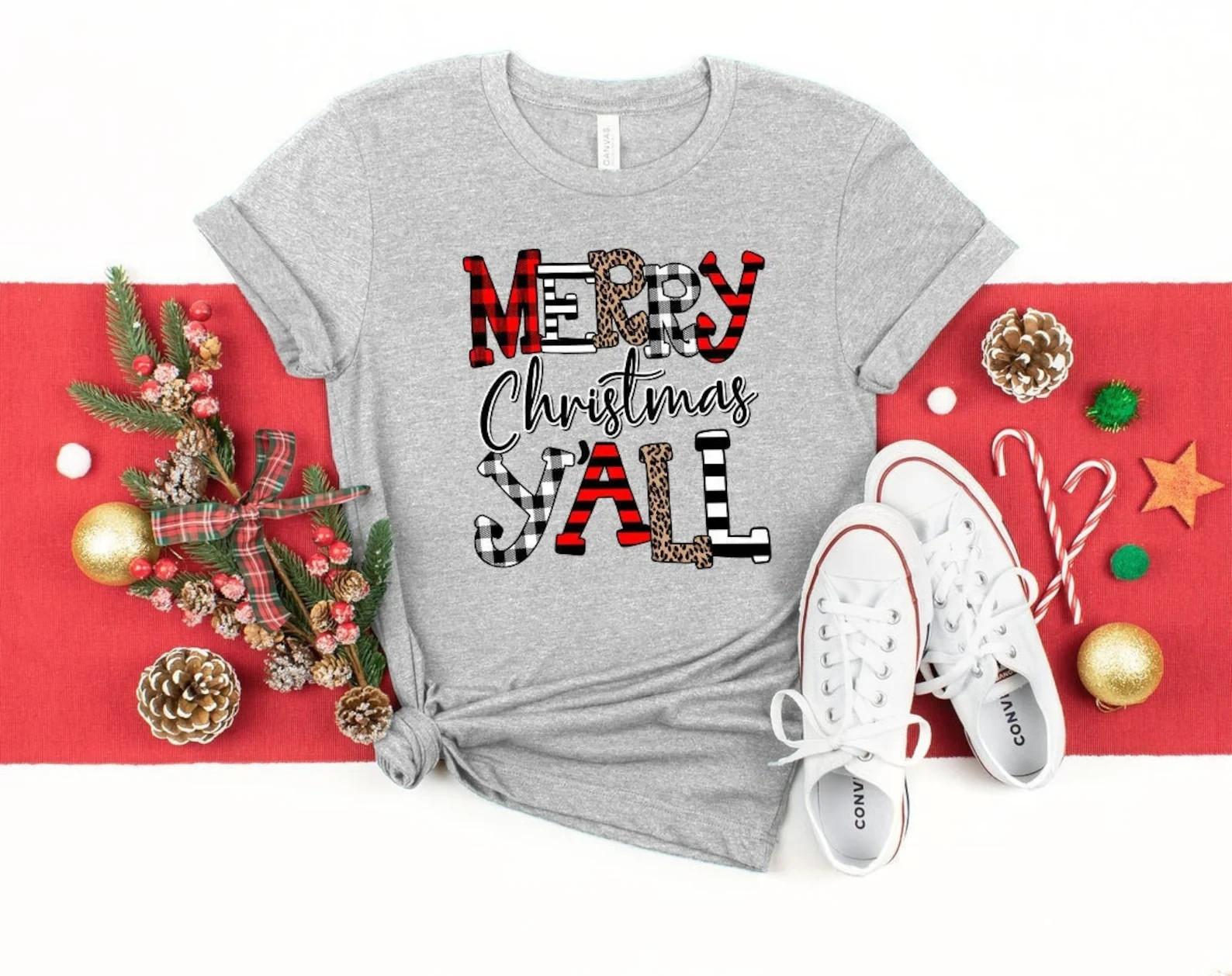 Merry Christmas Yall Leopard Shirt, Buffalo Plaid Christmas Shirt, Christmas Vac S