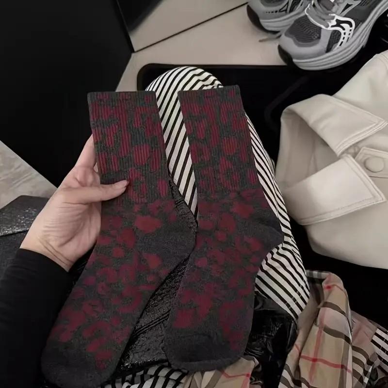 6 Pairs Women Leopard Print Mid Length Socks Fashionable Printing Comfortable Sweat Wicking Breathable Casual Mid Length Socks
