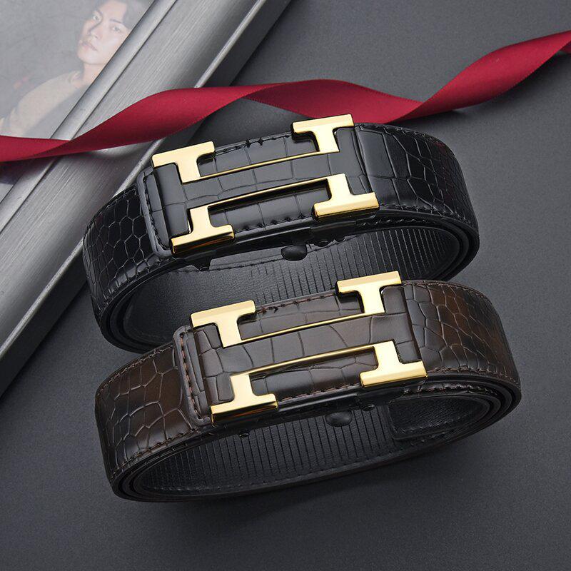 Men's Crocodile Pattern Leather Belt with Automatic Buckle - Cowhide Business Style Waist Belt