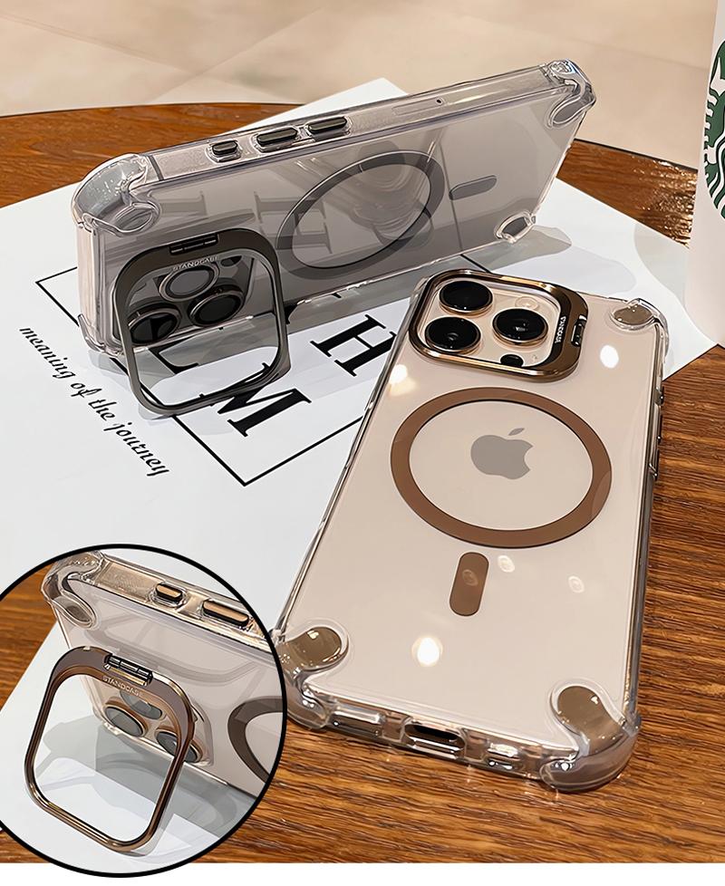 Luxury Transparent Case For iPhone 17 Air 16 15 14 13 12 Pro Max Plus 16Pro Magsafe Wireless Charge Clear Cover &Stand Holder