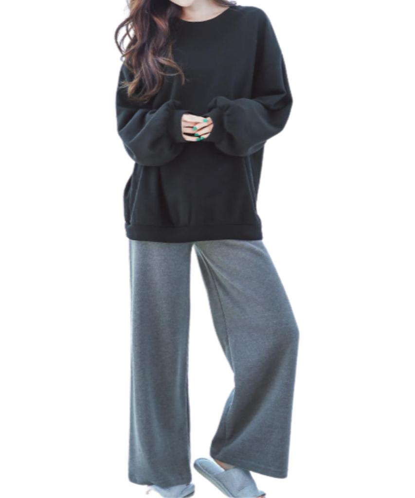 Ensemble de Pyjama Long Lenrock à Col Rond Long avec Taille Élastique Vêtement d'Intérieur Ample pour Femme, 100% Coton, Manches, Pantalon, Automne, Printemps, Hiver, (Jean-Pierre,