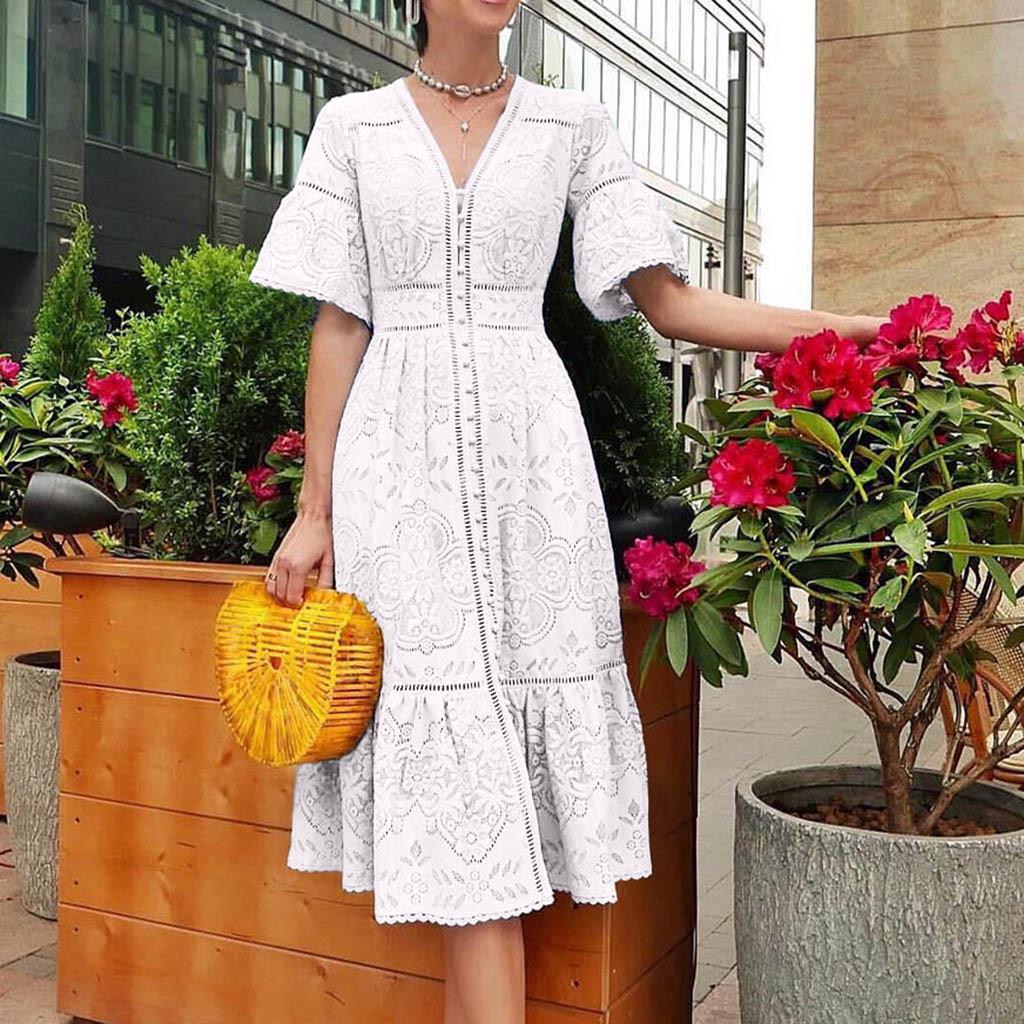 

Женское ажурное однобортное кружевное платье с v-образным вырезом и короткими рукавами XL белый