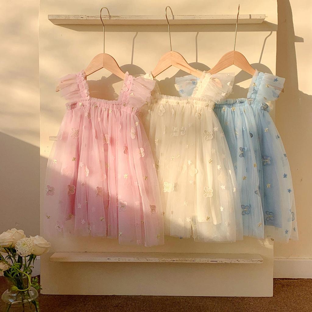 Butterfly Embroidered Mesh Dress: Summer 2025 Baby Girl Princess Puff Sleeve Skirt