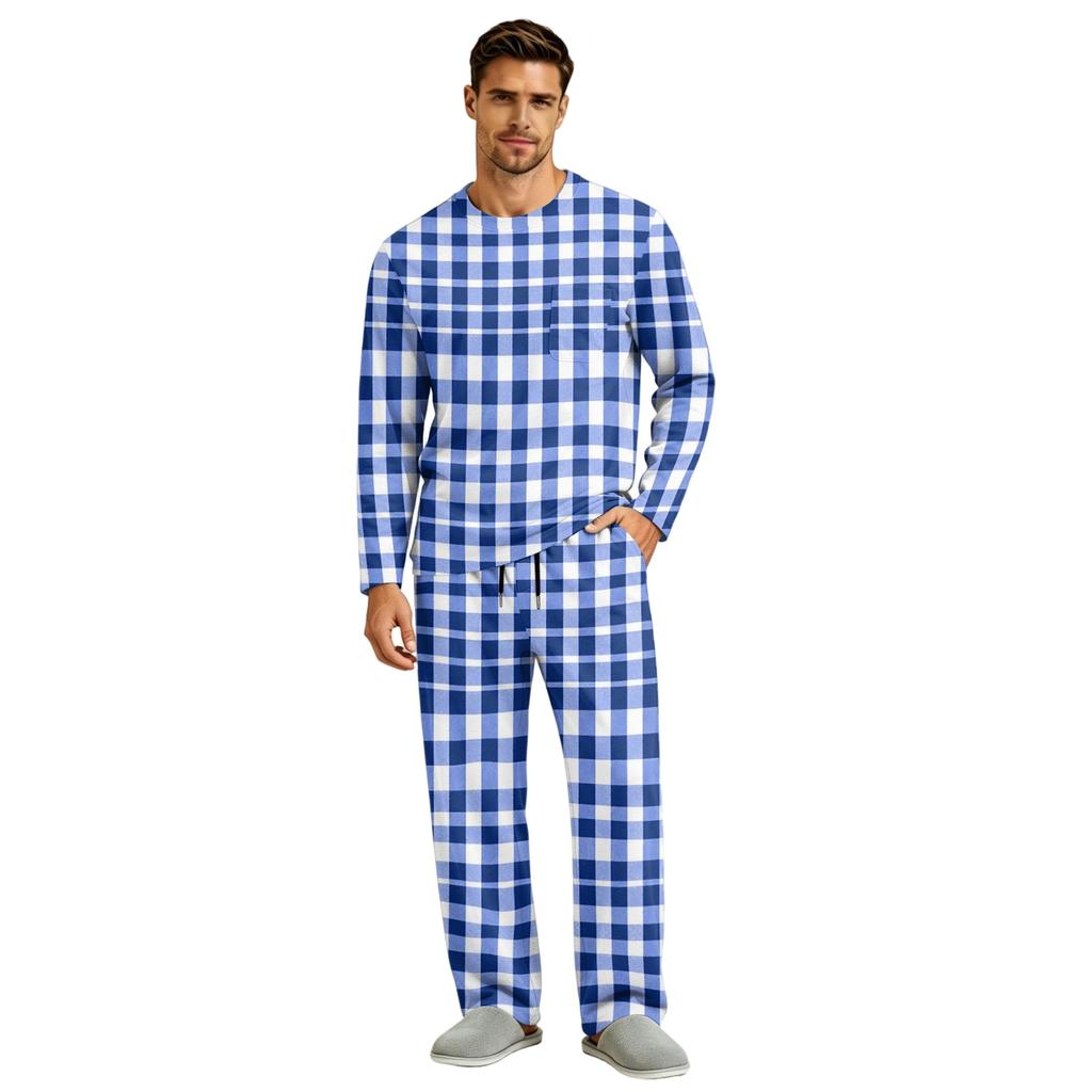 Men's Pajama Set Long Sleeve Top and Long Pants with Button Crotch and Elastic Drawstring Waist for Home Loungewear