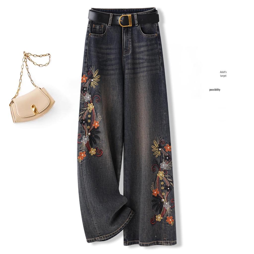 Women's Retro Embroidered Floral Wide-Leg Jeans, Autumn/Winter 2025 Collection