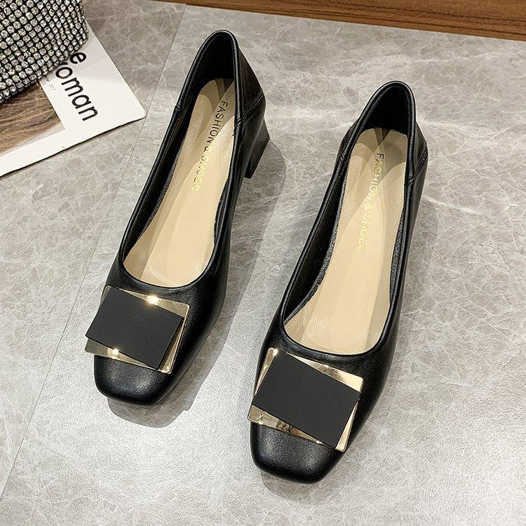 

2025 spring new Korean version thick heel single shoes square head shallow mouth high heels fashion square buckle two wear women s shoes 35 чёрный