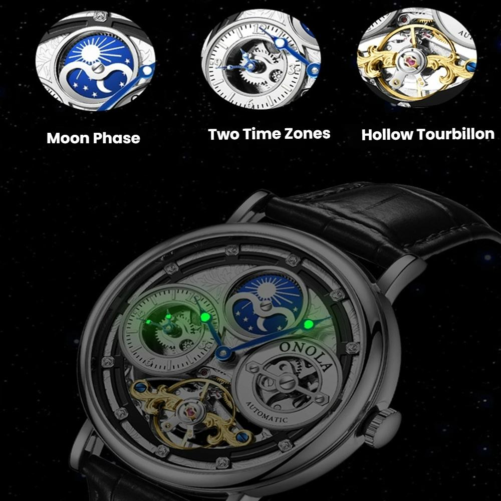 Fashion ONOLA Men Automatic Mechanical Watch Men Stainless Steel Skeleton Wristwatch Men Leather Strap Watch