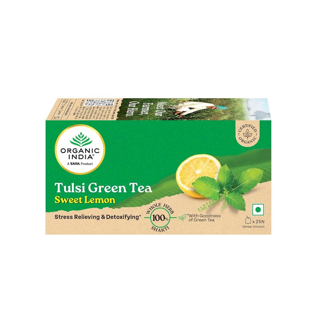 ORGANIC INDIA Tulsi Sweet Lemon Tea 25 Tea Bags Refreshing Herbal Green Tea Infusion
