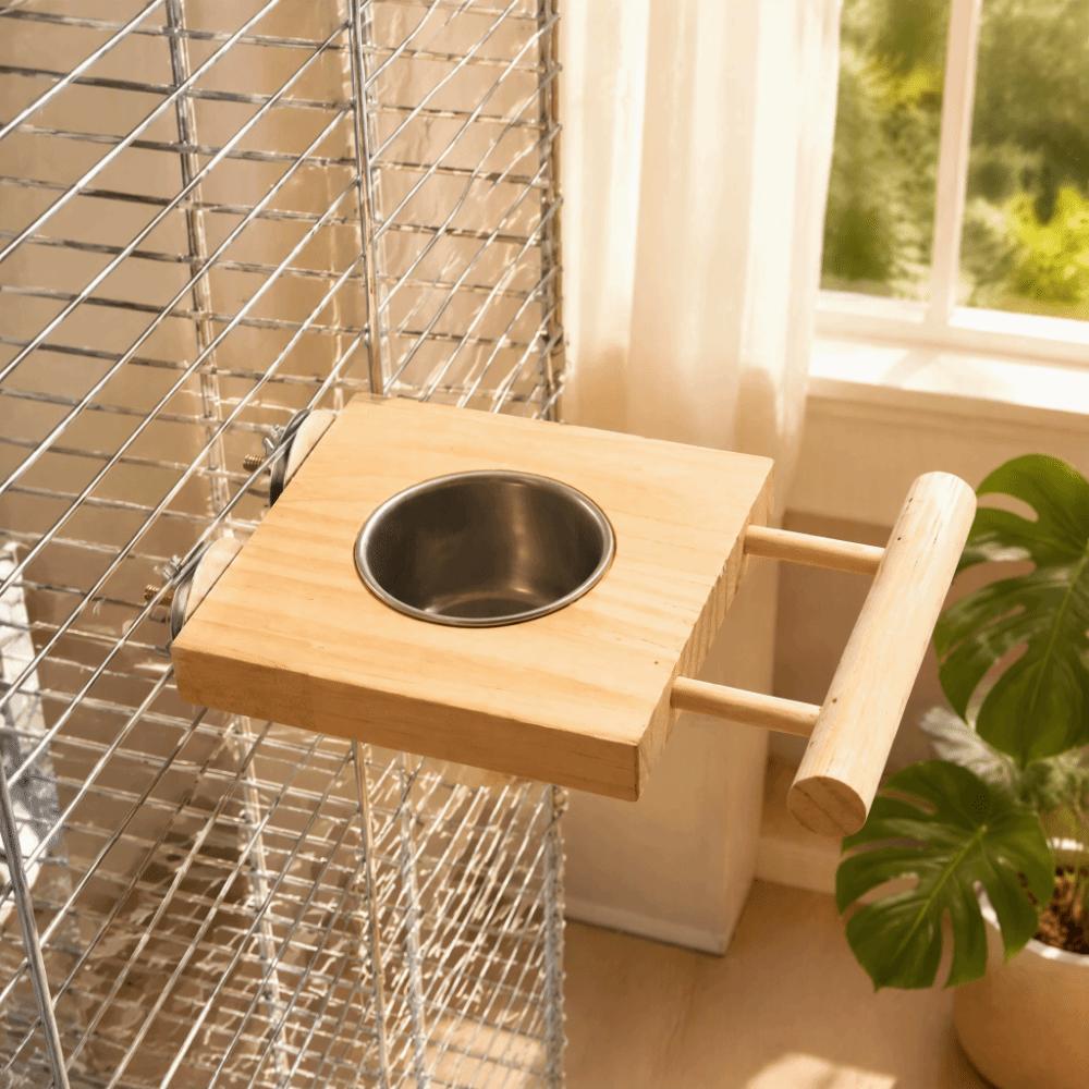 Stainless Steel Parrot Feeding Bowl Wooden Perch Stand Stainless Steel Water Feeder For Parakeets