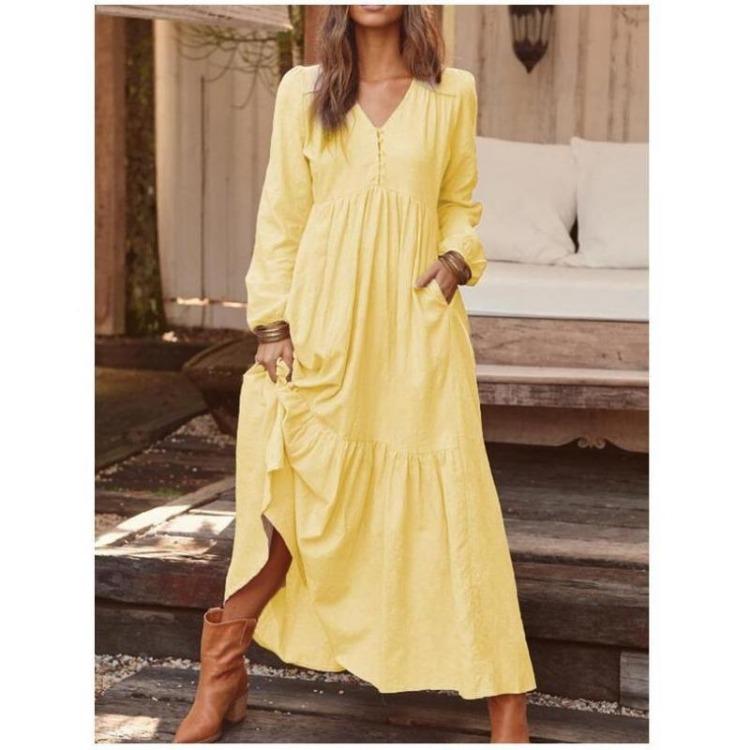 Boho Vintage Womens Maxi Dress Loose Cotton Linen Long Sleeve V Neck Button Down Pocket Dress Femme Robe Fall Winter