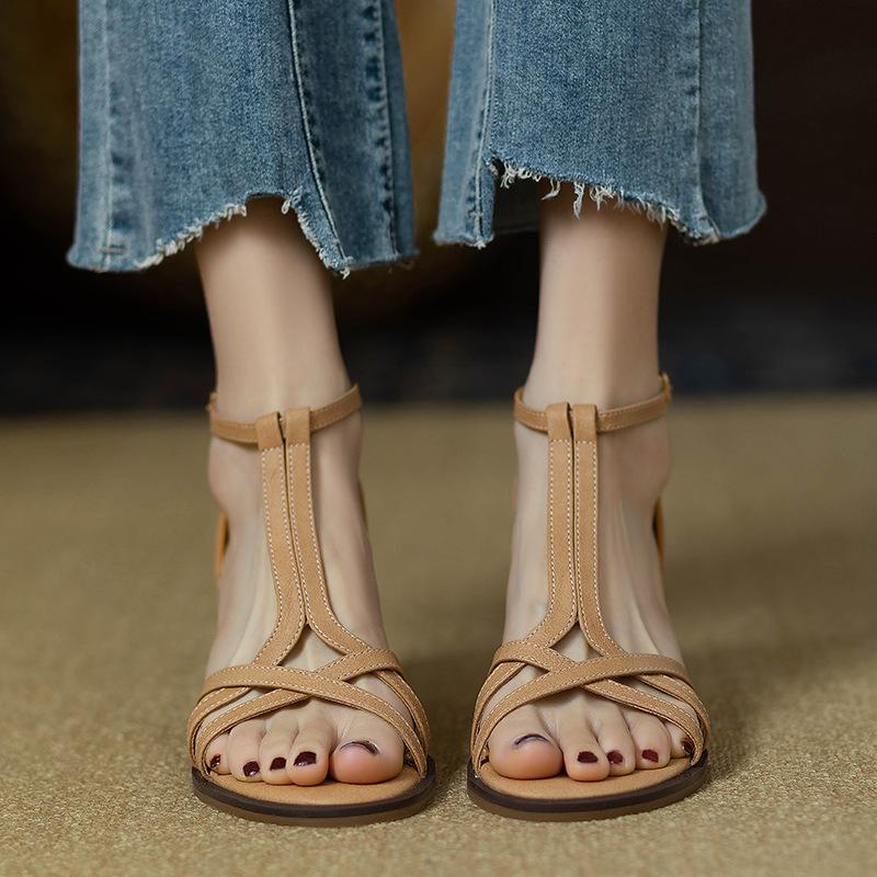 Fashion New Summer 2025 Genuine Soft Leather Thick-heeled T-belt Roman Women's Shoe for Mid-heel Cross-toe Sandals