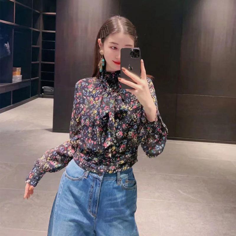 Mall 1116 Women's Spring and Autumn New Versatile Temperament Retro Floral Ribbon Long Sleeve Shirt 1111911