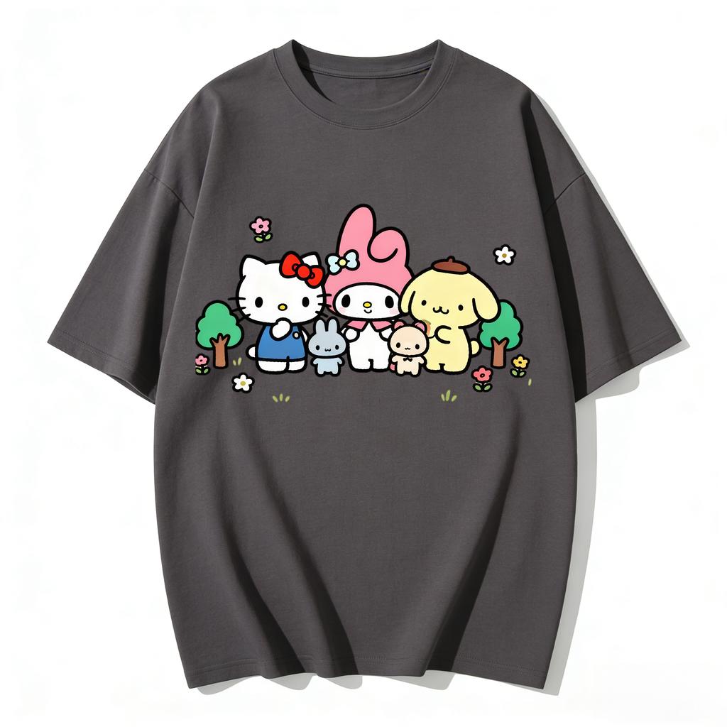 Summer Cute Sanrio Characters Group Print Tshirt Casual Short Sleeve Tee for Mom and Daughter Sweet Family Matching Outfits Top