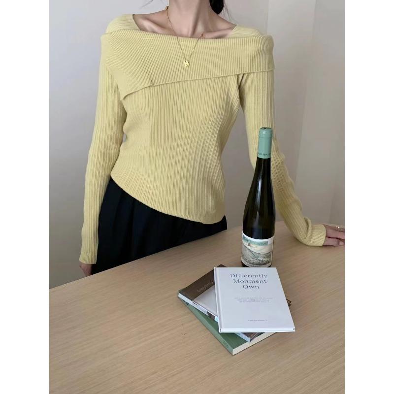 Temperament one-word shoulder base sweater women's autumn and winter inner long-sleeved lapel knitted sweater unique chic top women