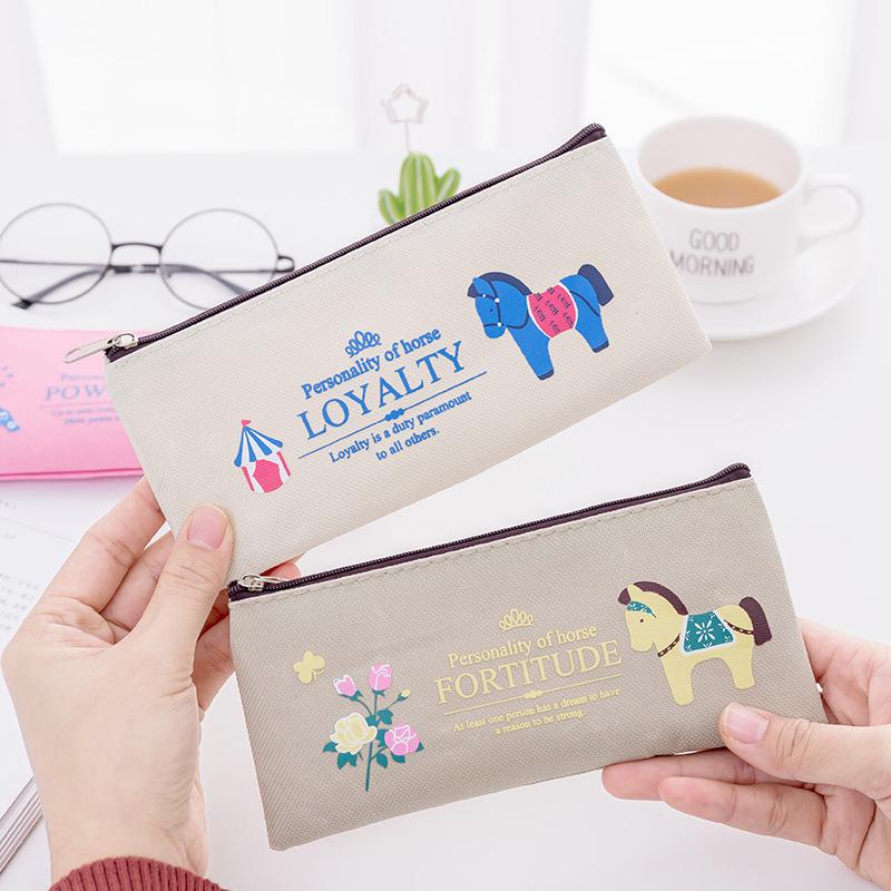 Cartoon Horse Printed Canvas Pencil Bag Korean Pencil Case Large Capacity Storage Bags Student Stationery Pouch School Supplies