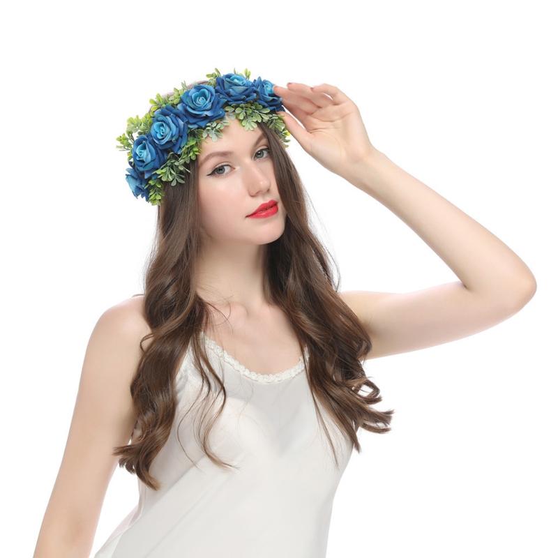 Adjustable Floral Garland Handmade Rose Flower Wreath Headband with Ribbon for Wedding Festival Travelling Photo Props