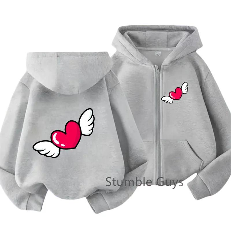 Winged Red Heart Front Back Graphic Zip Up Hoodie For Kids Long Sleeve Loose Casual Warm Daily Outerwear Boys Girls Cartoon Jack