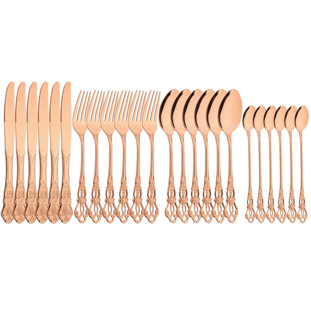 24Pcs Dinnerware Set Multicolor Cutlery Set Western Stainless Steel Tableware Vintage Knife Fork Long Ice Spoon Silverware Set
