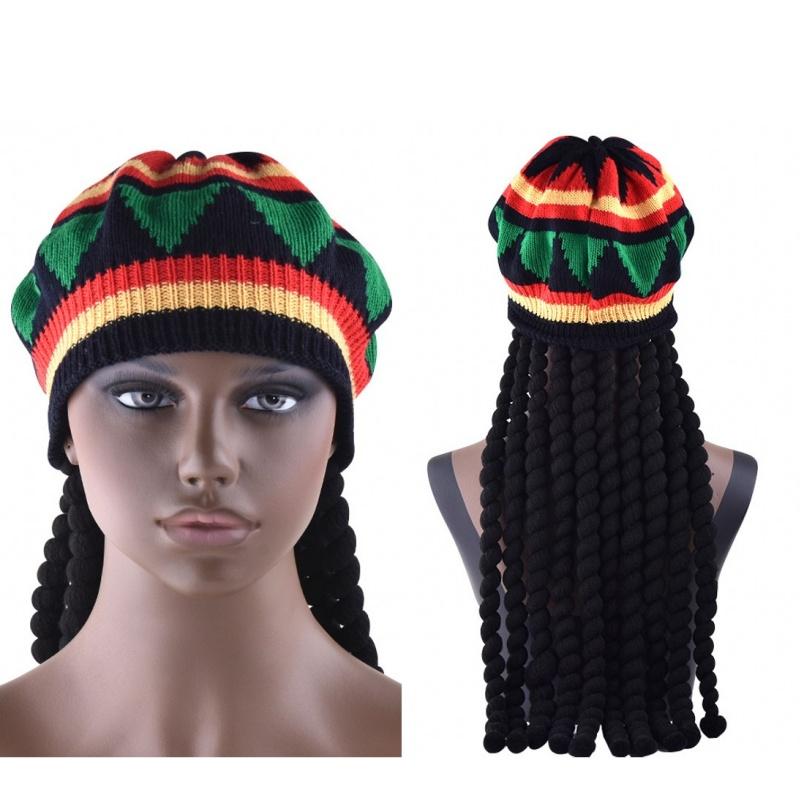 Braids Wig Cap Knitted Beanie Hat Jamaica Bob Marley Rasta Cap Dreadlocks Reggae Caribbean Halloween Cosplay Headwear