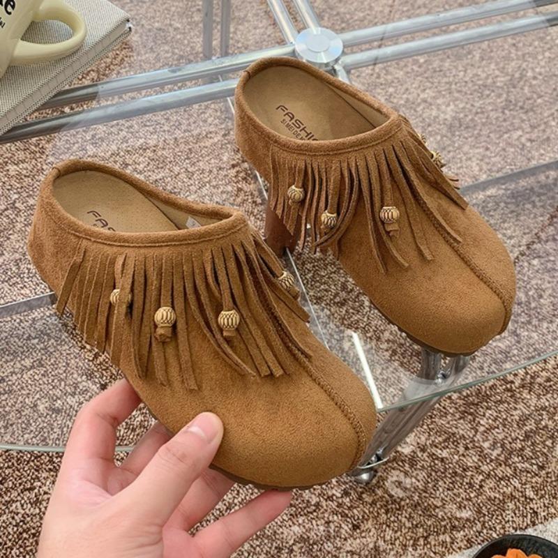 Fashion 2025 New Fringe Bead Platform Women Slippers Fashion Casual Classical Slingback Shoes Elegant Suede Autumn Zapatillas De Mujer