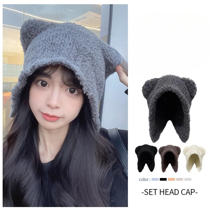 Autumn and Winter Plush Bear Knitted Hat Warm and Ear Protecting Cold Hat Japanese-style Large Head Knitted Hat Panda Element