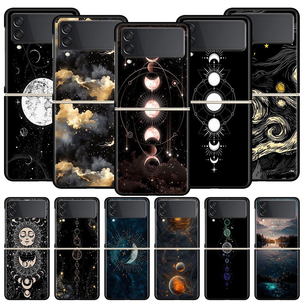 Planet and starry sky art Phone Case For Samsung Galaxy Z Flip3 Flip4 Flip5 PC Shell For Z Flip 3 4 5 Black Hard Folding Cover
