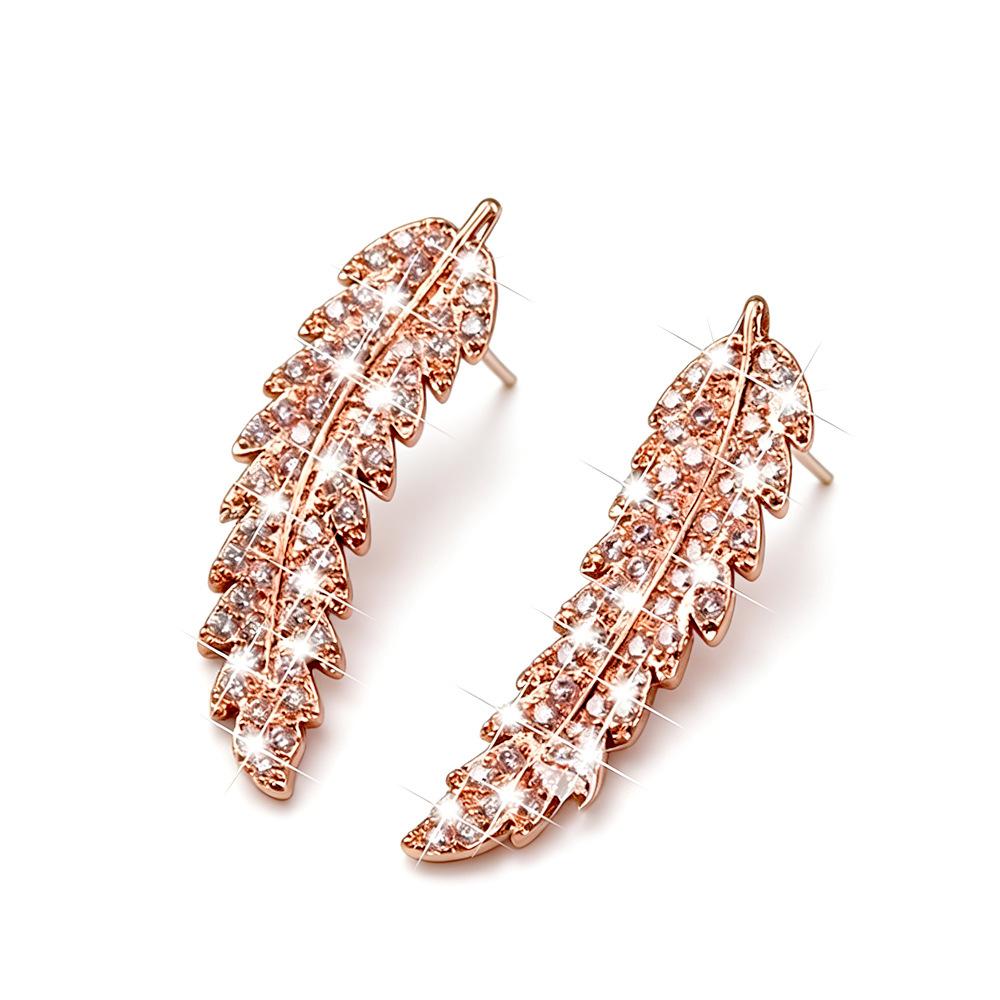 Popular in Europe and the United States, fashionable feather stud earrings, women's micro-inlaid zircon earrings, versatile jewelry