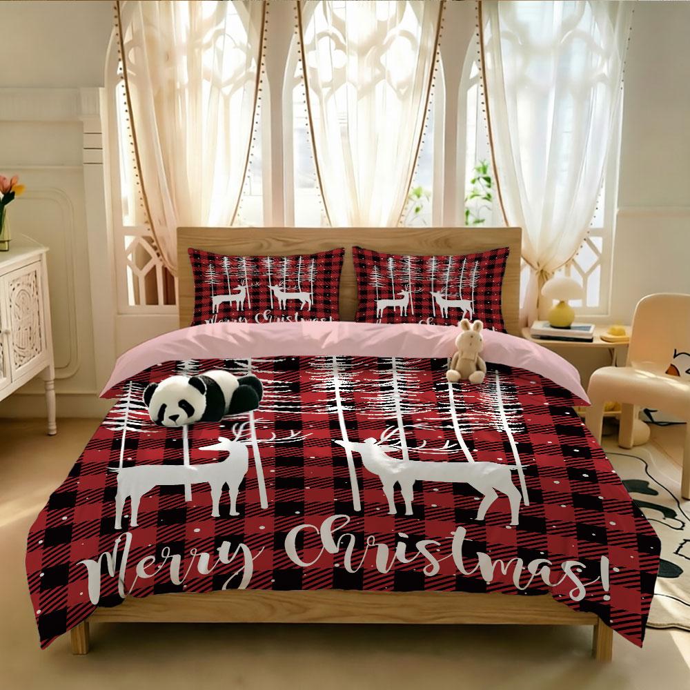 3Pcs Reindeer Pine Forest Merry Christmas Bedding Set Without Filler Duvet Cover 2 Pillowcases Soft Comfortable Machine Washa