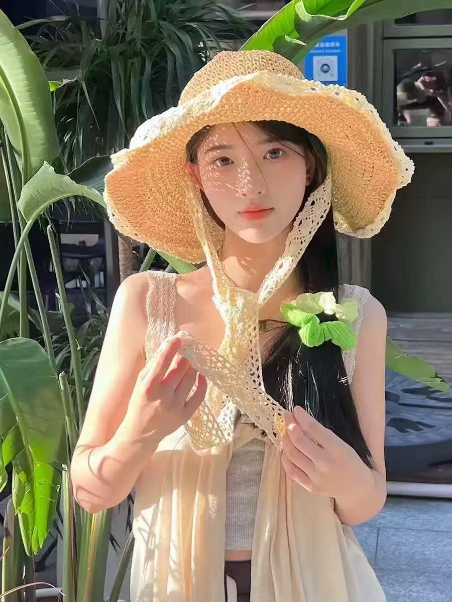 

Lace big-brimmed straw hat bow hat women s new summer sunscreen straw hat seaside vacation sun hat