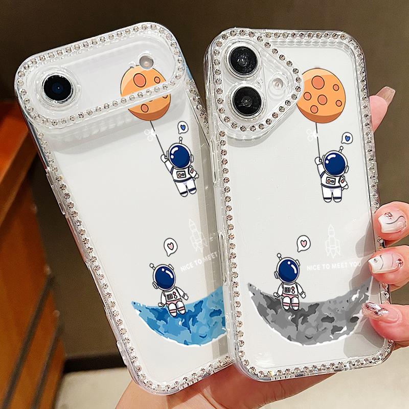 

Cute Astronaut Printed Bling Diamond Case For iPhone 17 Air 16e 16 14 15 13 17 Pro Max 15 16 Plus 17 Soft Silicone Phone Cover iPhone 17 синий