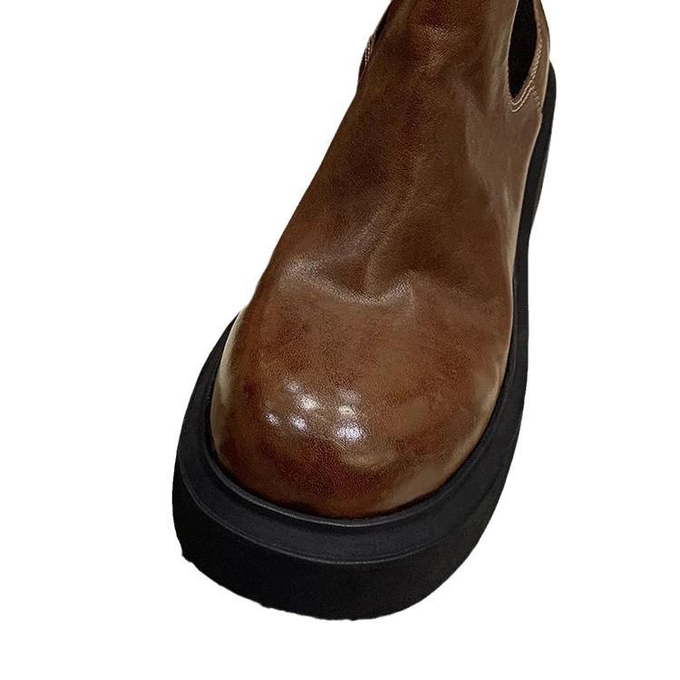Washed cowhide grape mother same elastic band platform short boots thick heel medium boots Chelsea boots women's Martin boots