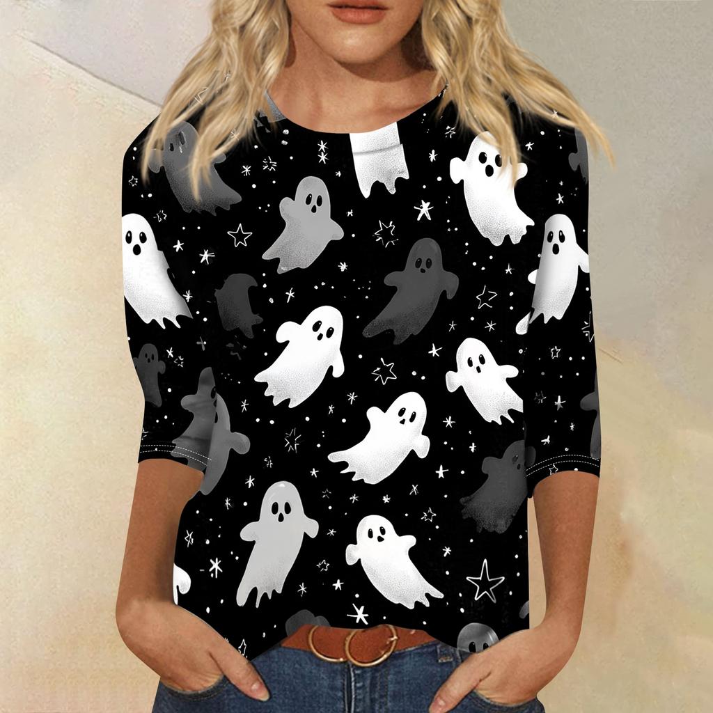 Women's Casual Round Neck Three Quarter Sleeve Halloween Print T Shirt Top Lightweight Soft Fabric Comfortable Fit