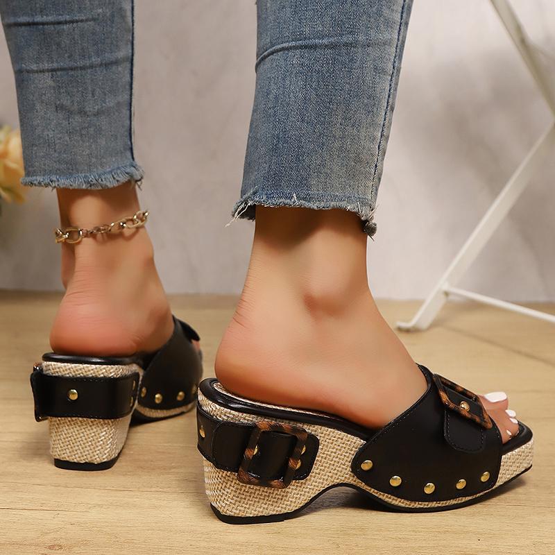 Fashion Office Ladies Buckle Thick Sole Slides Women Rivet Decor Square Toe Slippers Woman Patchwork Non Slip Pu Leather Slides Mujer