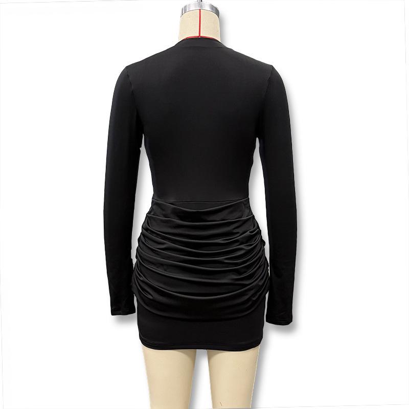 Women's Slim-Fit Pleated Dress: Long Sleeve, Waist-Cinching, Solid Color, Hip-Hugging Design