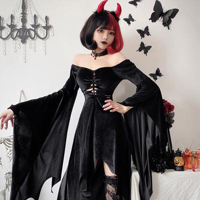 1 zestaw damski strój cosplay z naszyjnikiem opaska na głowę i pończochy styl gotycki czarownica halloweenowy kostium na imprezę hollow out kołnierz bez kołnierzyka długie rękawy nietoperza