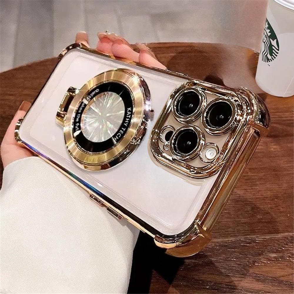 Luxury Plating Holder Phone Case For iPhone 17 16 15 14 13 12 11 Pro Max Plus 17 Air Shockproof Soft Silicone Stand Clear Cover