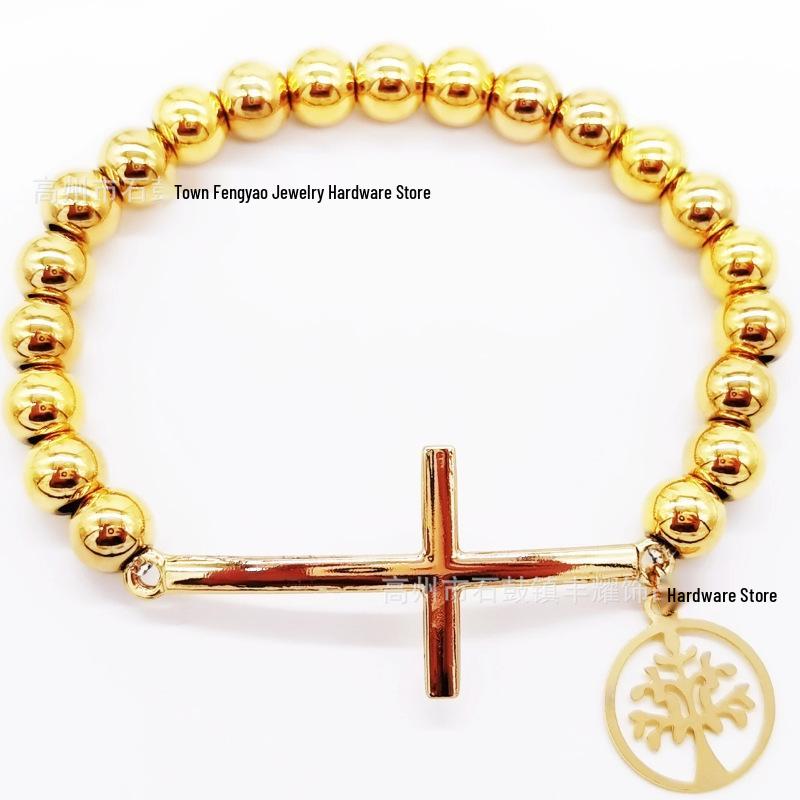 8mm Random Three-Color Bead Stainless Steel Handcrafted Cross Bracelet