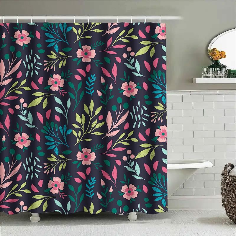 Floral Shower Curtain Set Multicolor Flower Bath Decor For Home Decoration Dark Blue Color With Pink Flowers Print On Fabric 72