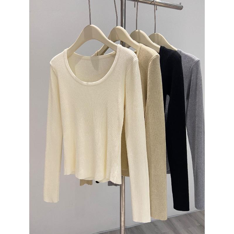 Texture u-neck front shoulder bottom knitted sweater women's autumn and winter slim-fit soft waxy sweater long-sleeved top