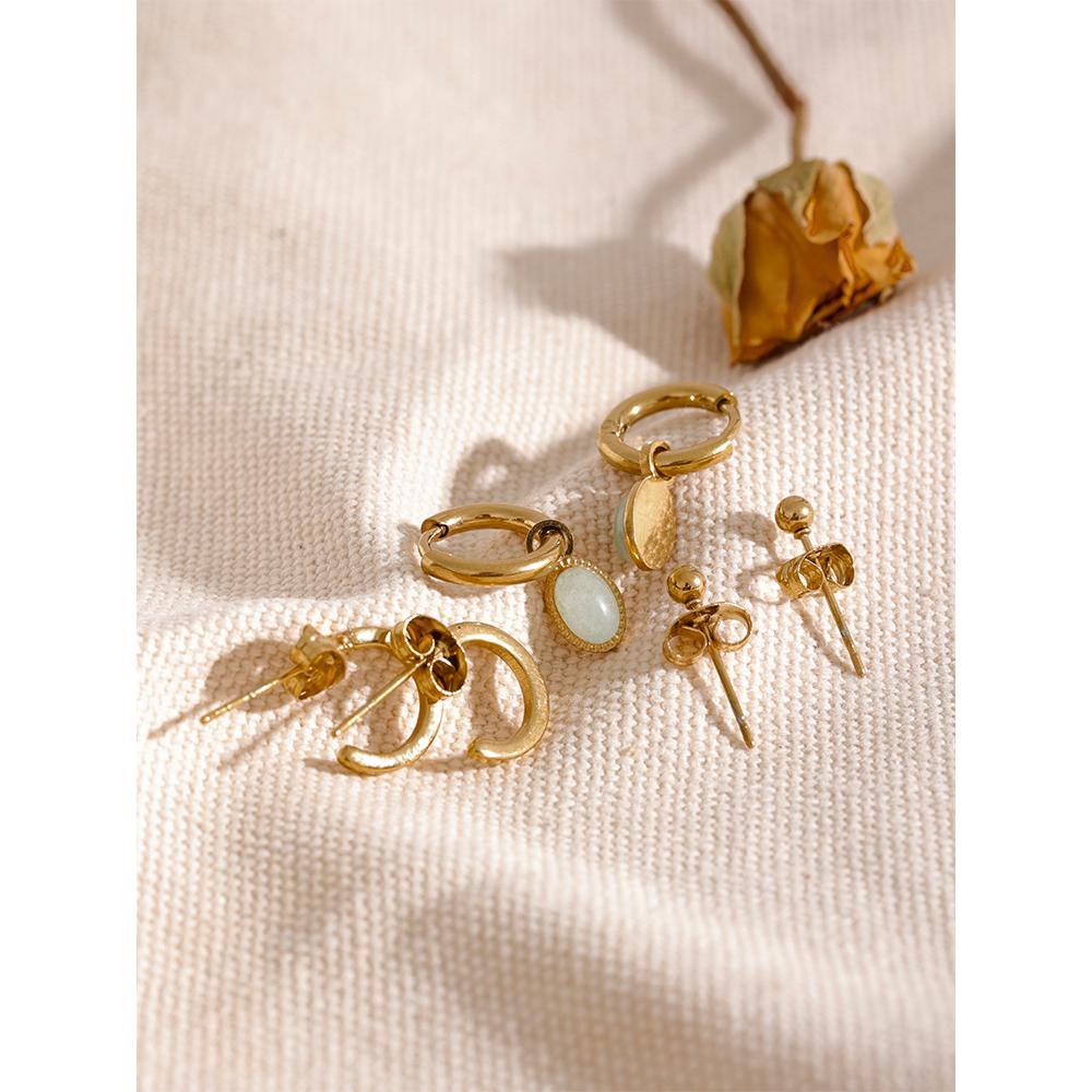 Yhpup 1 Set Fashion Natural Stone Drop Stainless Steel C Shape Geometric Stud Earrings Set Women Golden Chic Jewelry Gala Gift