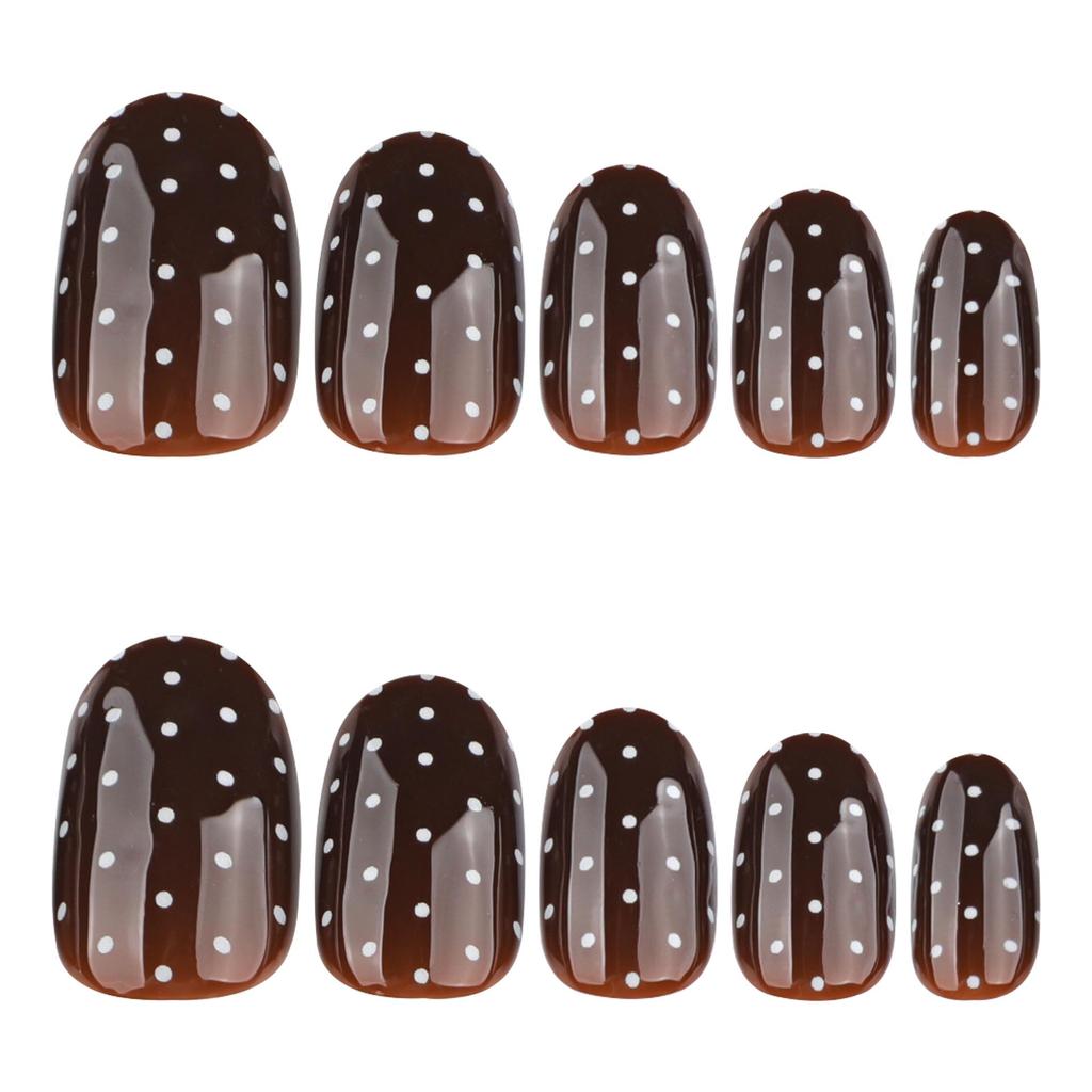 Brown Series Autumn/Winter Wearable Nail Art - Short Round False Nails with White Polka Dots