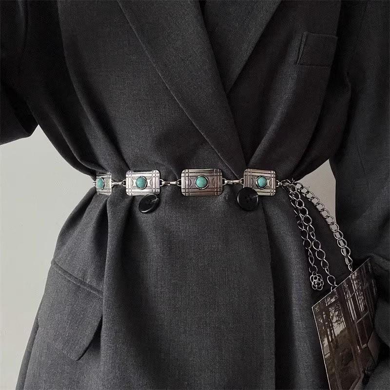 Boho Style Imitation Turquoise Carved Waist Chain for Women Versatile Retro Dress Decorative Metal Ethnic Waist Belt