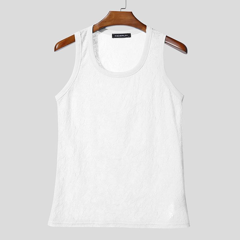 INCERUN Summer Men Sleeveless Lace Mesh Sheer Casual Fitted Tank Tops Vest