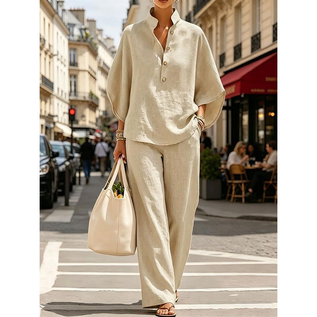 Women's Loose Fit Stand Collar Three Quarter Sleeve Linen Blend Two Piece Pant Set