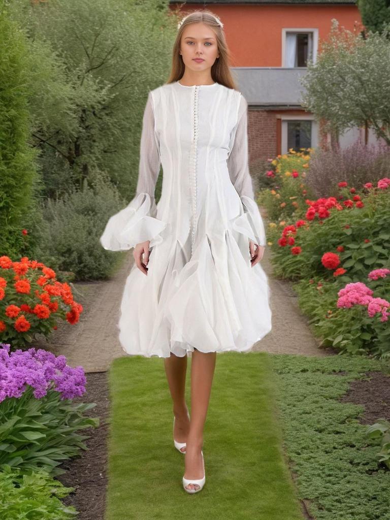 2025 Summer Women's Ruffle Design Waist-Slimming Flared Sleeve Dress