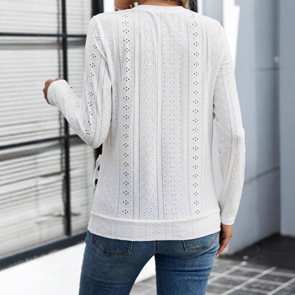 Tricou cu mânecă lungă și gât rotund, cu nasturi decorativi, la modă și versatil, casual pentru navetă.
