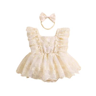 Baby Girl 2Pcs Summer Outfits 6 12 18 24 Months Ruffle Sleeve Square Neck Lace Romper Dress with Headband Set