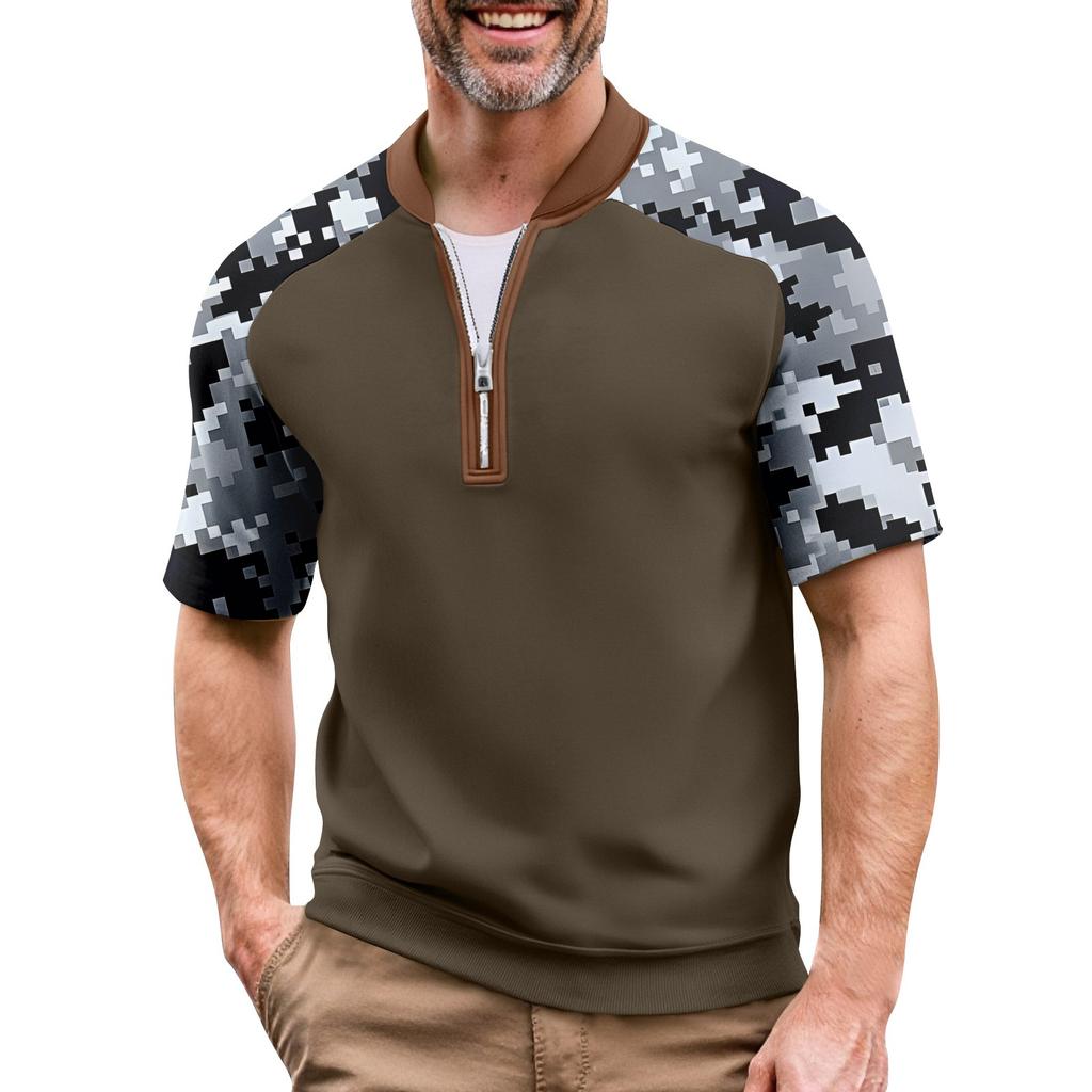 Pánské letní maskáčové ležérní tričko sportovní prodyšné s límcem na zip